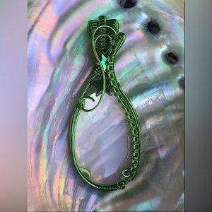 Green Wire Wrapped Clear Quartz w/Hematite Stars Pendant Necklace Handmade OOAK